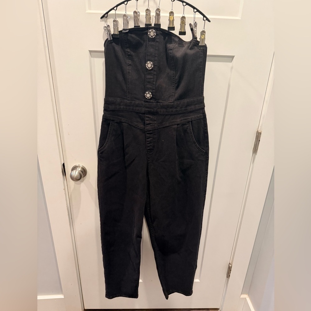 H&M Black Strapless Jumpsuit Jeweled Buttons Size M